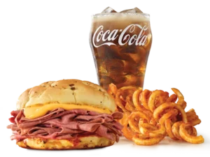 Arby's Classic Beef 'n Cheddar Meal with curly fries and a drink.