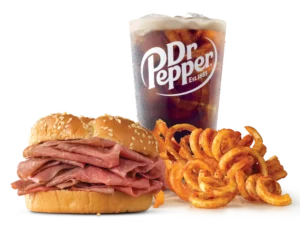 Arby's Classic Roast Beef Meal with curly fries and a drink.