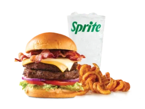 Arby's Double Big Cheesy Bacon Burger Meal with crispy fries and a drink.