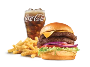 Arby's Double Deluxe Burger Meal with crispy fries and a drink.