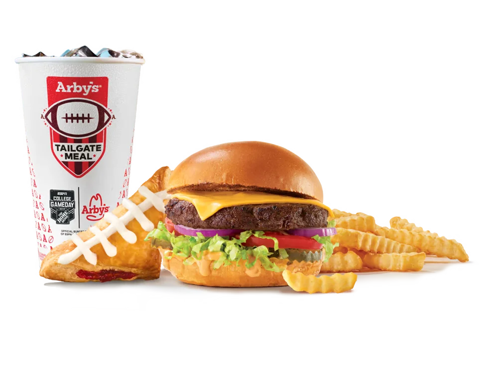 Arby's Tailgate Meal with a variety of sandwiches, fries, and a drink.