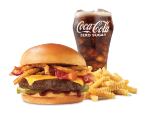 Arby's BBQ Bacon Burger Meal with crispy fries and a drink.