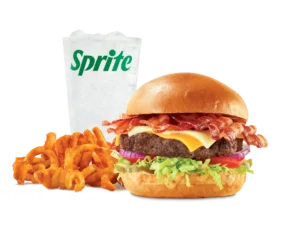 Arby's Big Cheesy Bacon Burger Meal with crispy fries and a drink.