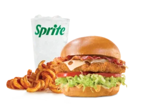 Arby's Chicken Bacon Swiss Sandwich Meal with crispy fries and a drink.