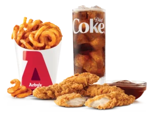 Arby's 3PC Chicken Tenders Meal with crispy fries and a drink.