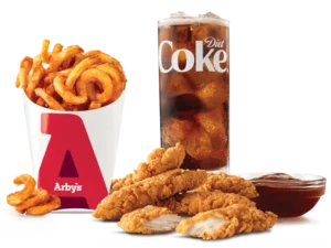 Arby's 5PC Chicken Tenders Meal with crispy fries and a drink.