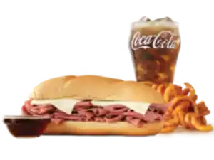 Arby's French Dip & Swiss with roast beef, Swiss cheese, and au jus.