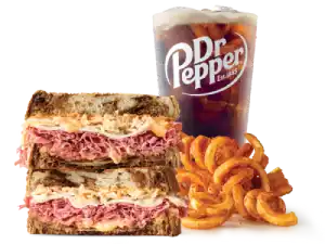Arby's Corned Beef Reuben Meal with Swiss cheese, sauerkraut, and fries.