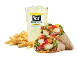 Arby's Crispy Chicken Club Wrap Meal with fries and a drink.