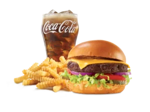 Arby's Deluxe Burger Meal with crispy fries and a drink.