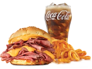 Arby's Double Beef 'n Cheddar Meal with curly fries and a drink.