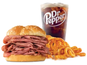 Arby's Double Roast Beef Meal with curly fries and a drink.