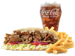 Arby's Greek Gyro Meal with seasoned meat, fresh veggies, and fries.