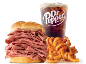 Arby's Half Pound Roast Beef Meal with curly fries and a drink.
