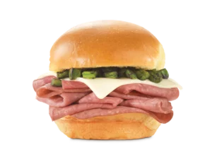 Arby’s Menu 115 Tender roast beef topped with spicy jalapeño slices and melted cheese on a soft slider bun.