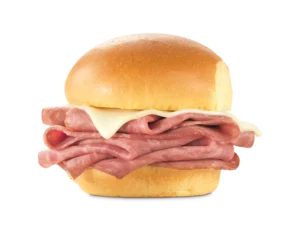 Arby’s Menu 116 Classic thinly sliced roast beef stacked on a soft slider bun with melted cheese.