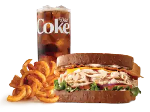 Arby's Roast Turkey Ranch Bacon Sandwich Meal with crispy fries and a drink.