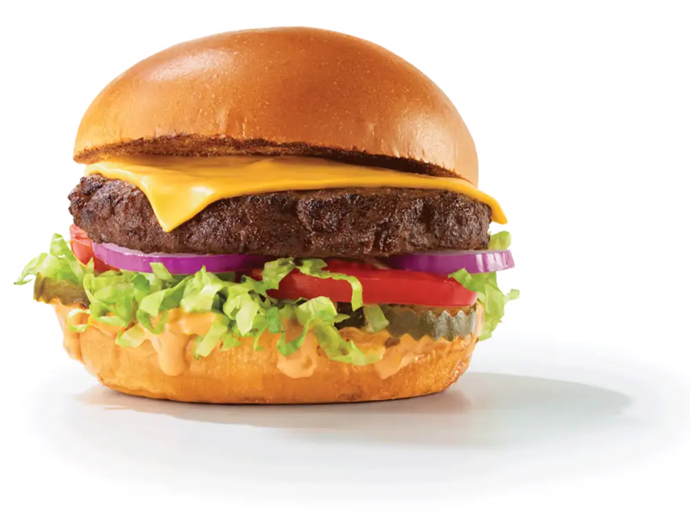 deluxe burger with cheese, lettuce, tomato, and special sauce: