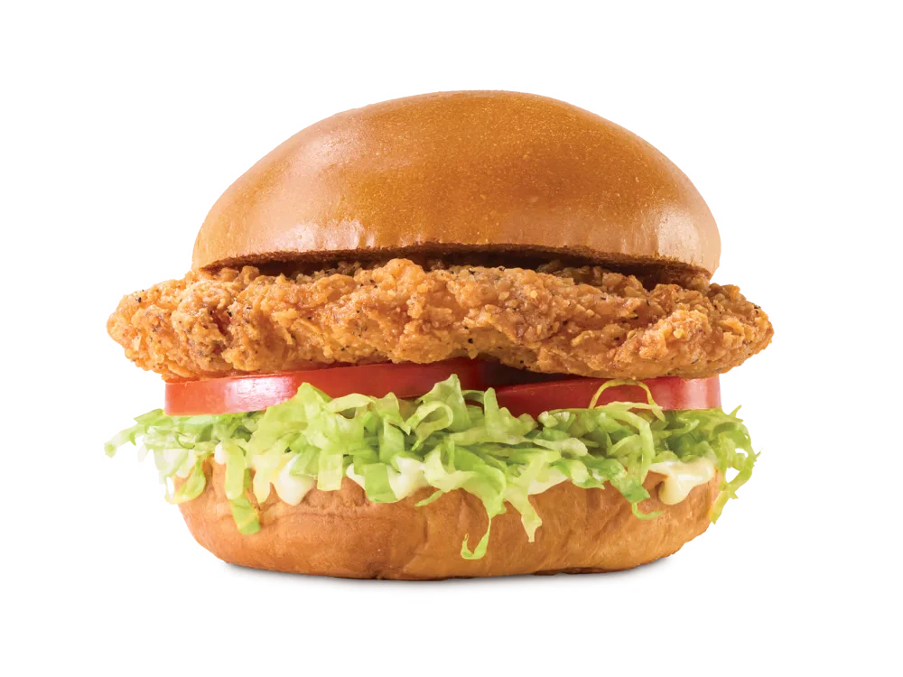 Crispy Chicken Sandwich 1 Crispy chicken sandwich with lettuce and mayo in a toasted bun.