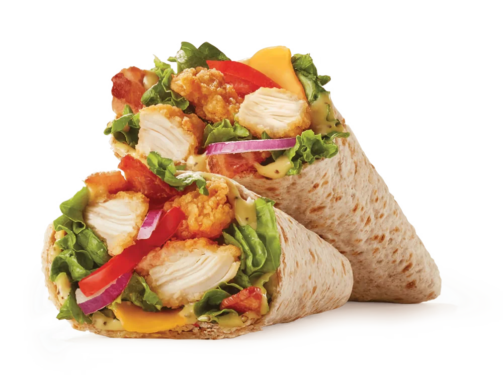 Crispy Chicken Club Wrap 1 Crispy chicken club sandwich with fresh toppings