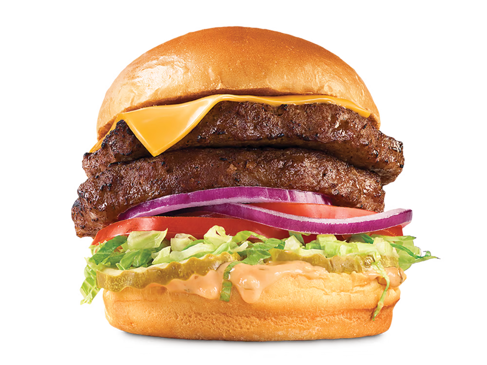 Double deluxe burger with juicy beef patty, melted cheese aur fresh vegetables