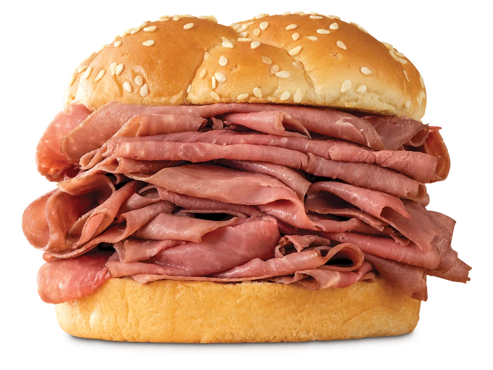Double Roast Beef 1 Double roast beef sandwich with tender beef slices and toasted bun