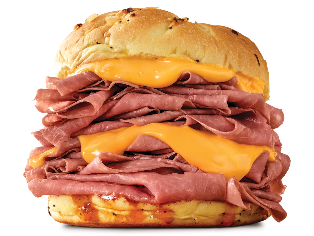 Half-pound beef and cheddar sandwich on toasted bun.