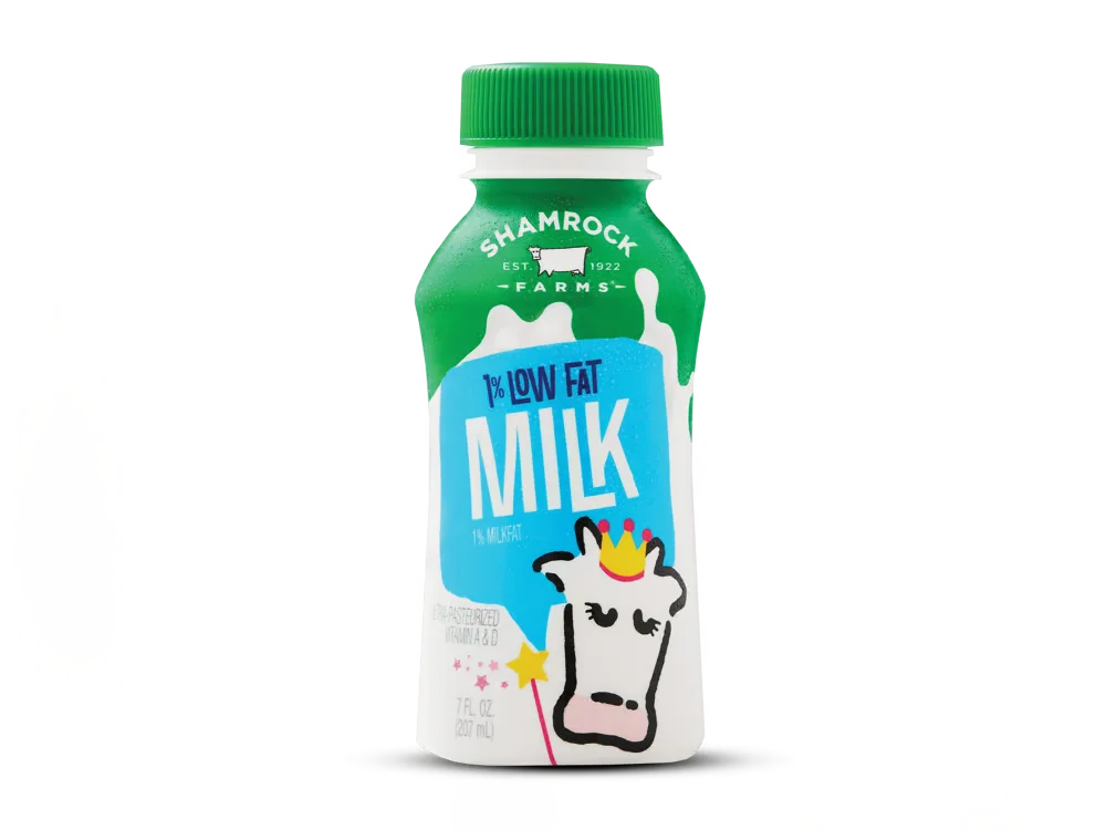 Shamrock Farms low fat milk bottle.