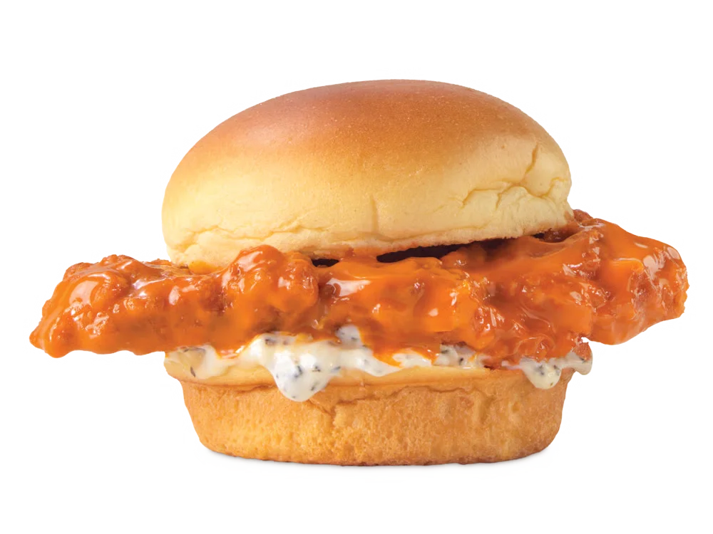 Buffalo chicken slider served on a mini bun with spicy sauce and melted cheese.