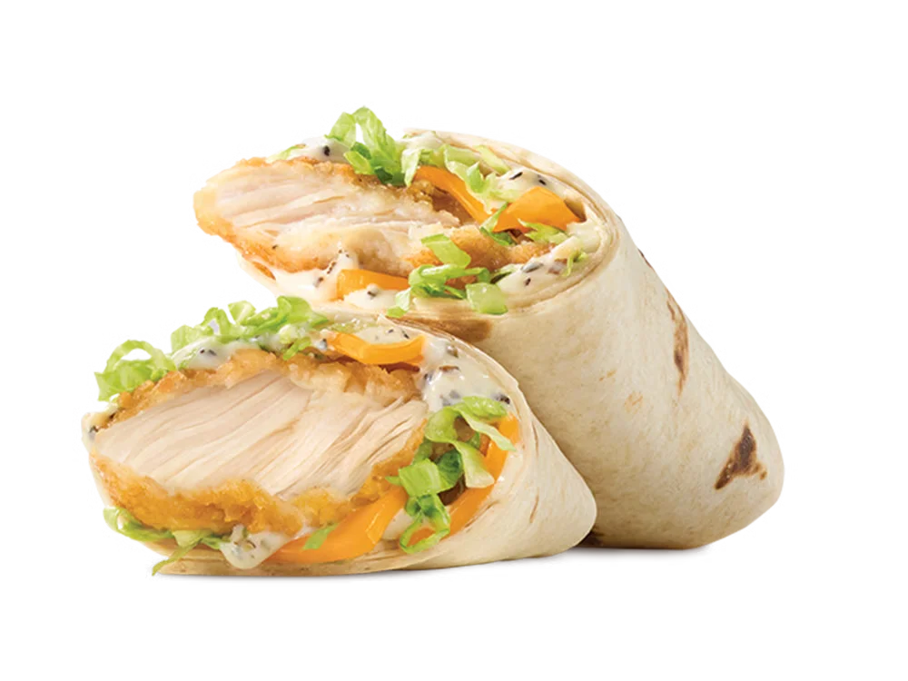 Ranch Chicken Wrap 1 Arby's Ranch Chicken Wrap with crispy chicken, Parmesan Peppercorn Ranch, buffalo sauce, and fresh toppings in a soft tortilla.